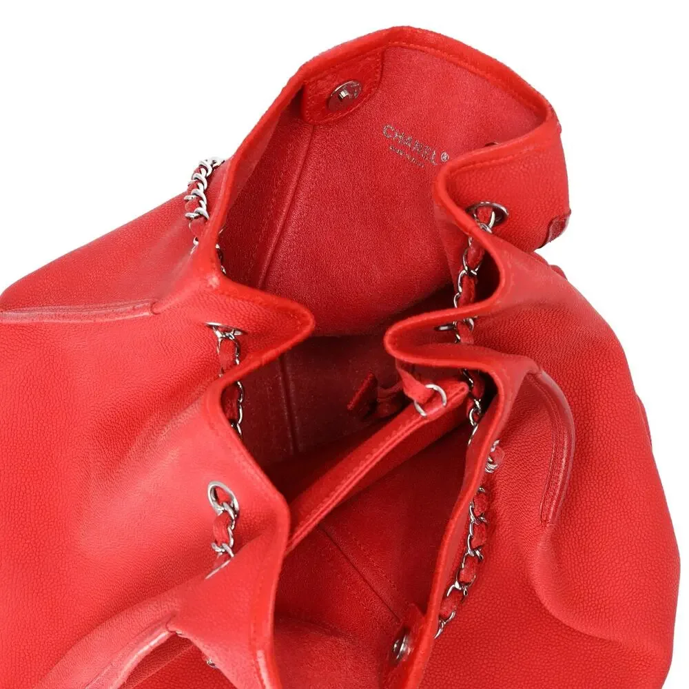 CHANEL Red Caviar Leather Camellia Drawstring Bag with Pouch